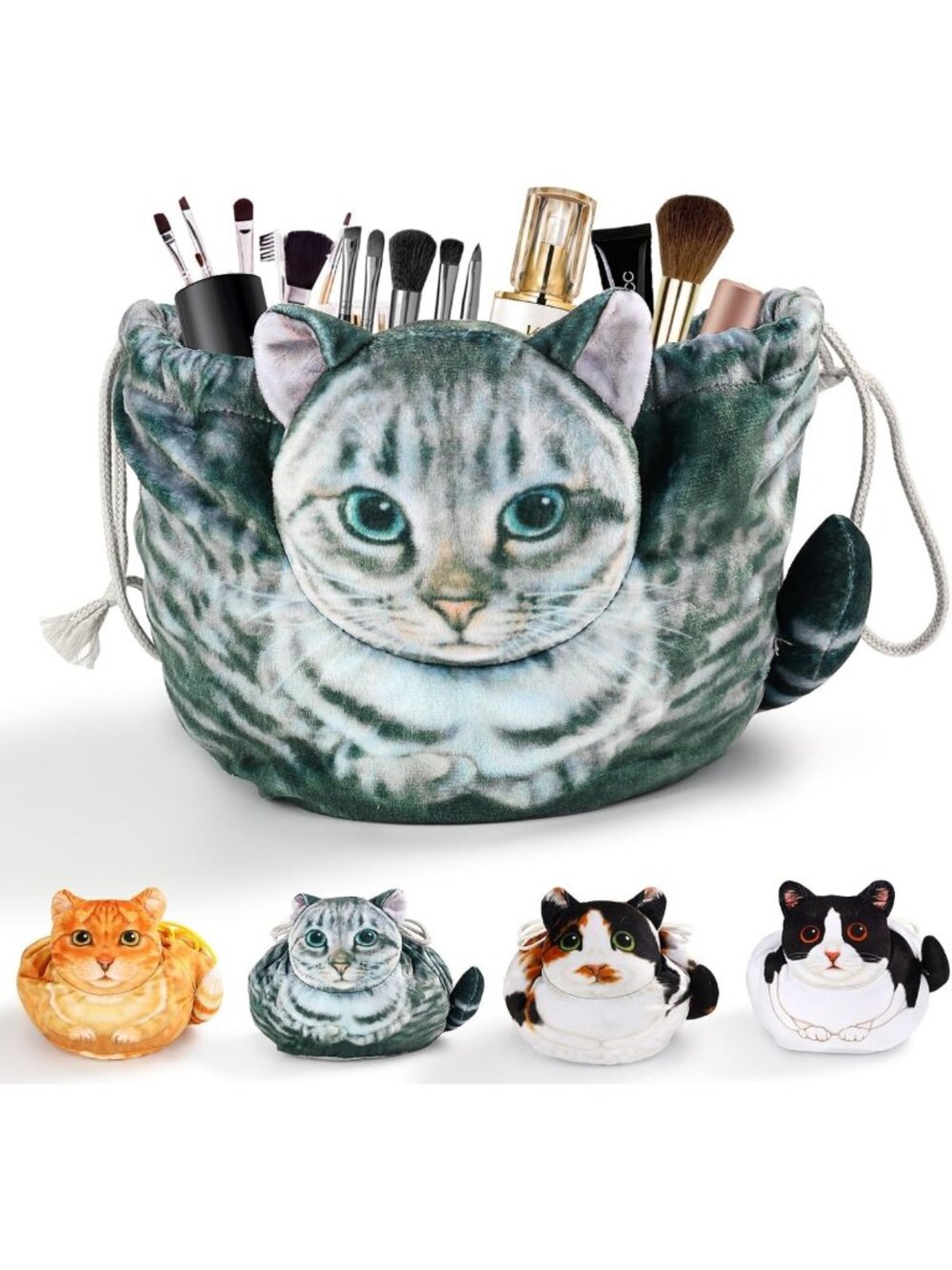 Adorable Cat Shaped Drawstring Makeup Bag - Grey Tabby Cosmetic Organizer for